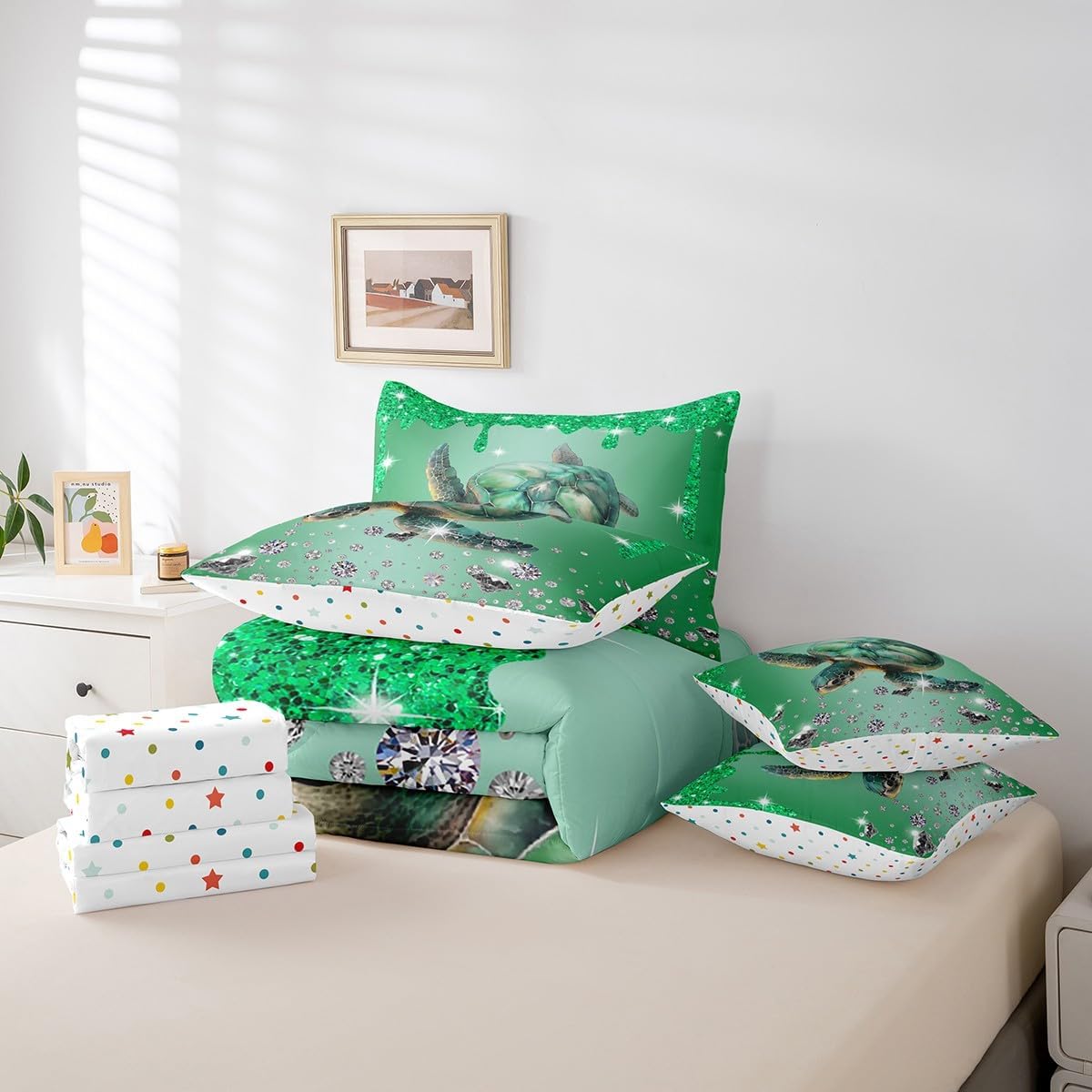 Sea Turtle Bed in a Bag King Size Comforter Set 7 Pieces,Green Sequin Fluid Art Bedding Set,Crystal Diamond Comforter and Sheet Set Nautical Sea Animal Bed Set,Coastal Creature Ocean Decor