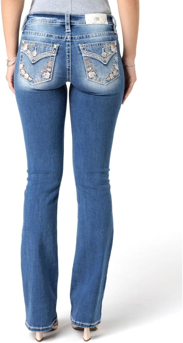 Miss Me Women's Mid Rise Bootcut Jeans, Faux Flap Pockets with Floral Embroidery, Boot Cut Stretch Denim Pants, Slim Fit
