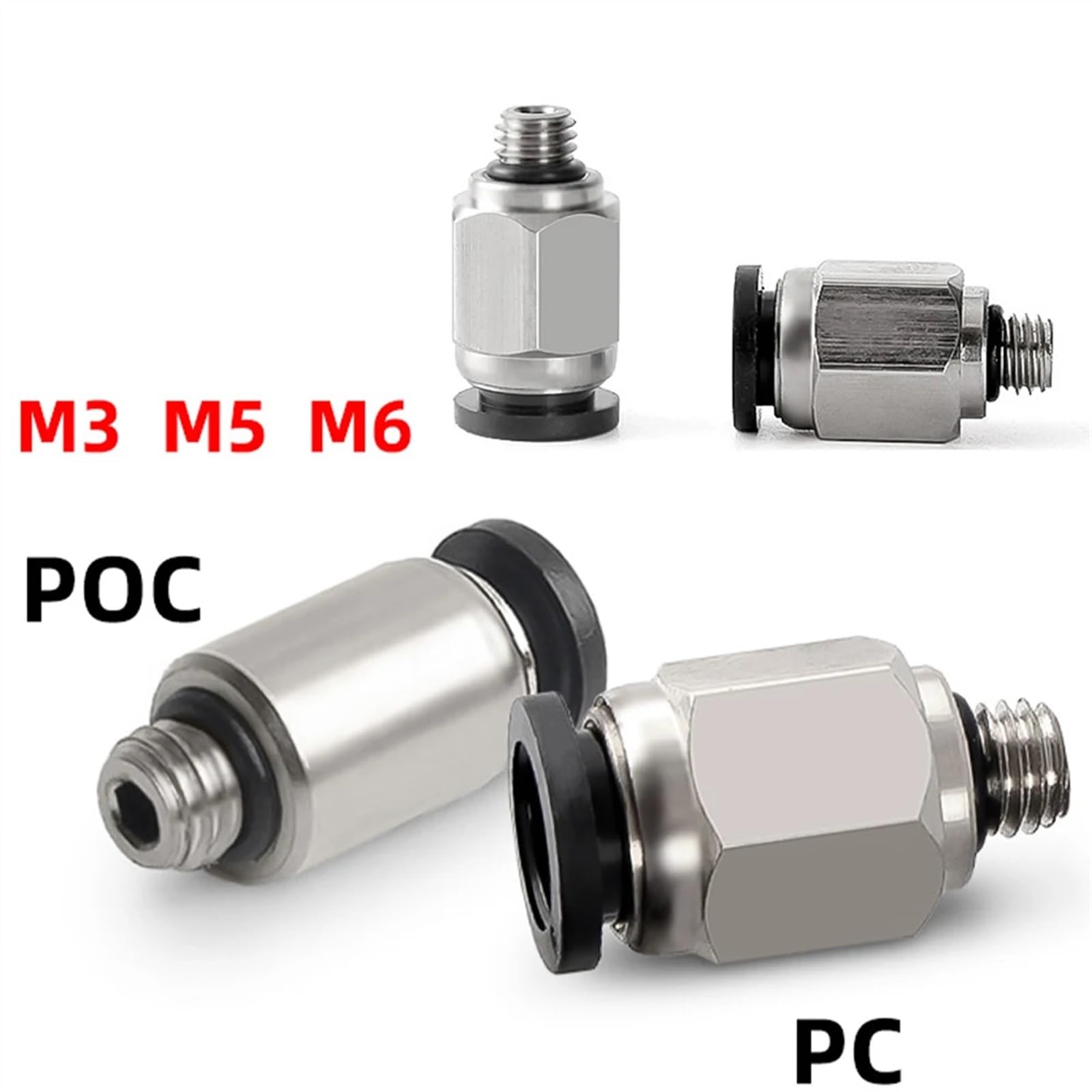 Conector Rápido Neumático PL - Para Mangueras De 3mm, 4mm, 5mm, Rosca M3/M4/M5/M6, Plástico Y Latón, Uso Industrial