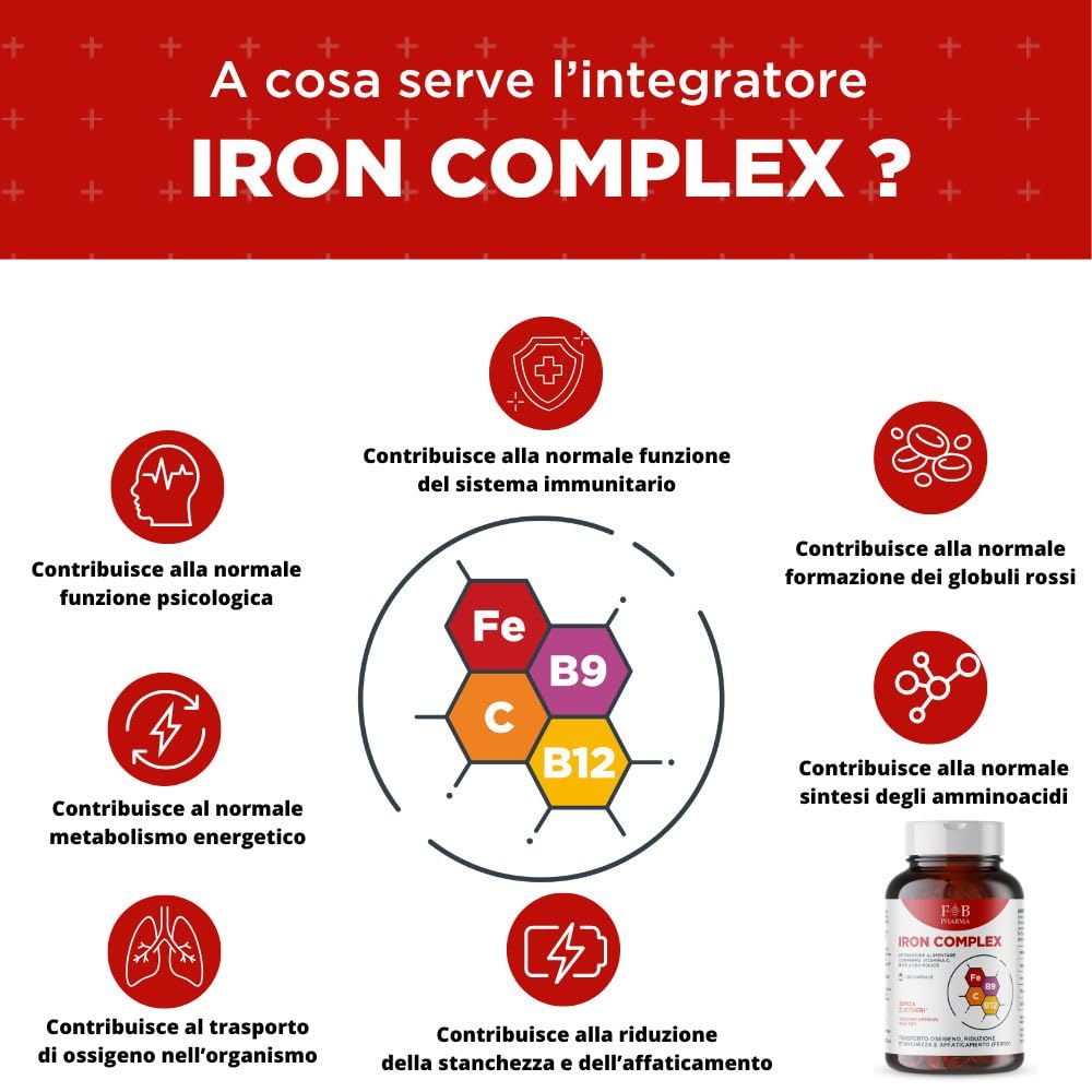 FB PHARMA - Integratore Ferro + Acido Folico + Vitamina C + Vitamina b12 - Iron Complex 90 compresse per CARENZE | SISTEMA IMMUNITARIO | RIDUZIONE STANCHEZZA E AFFATICAMENTO