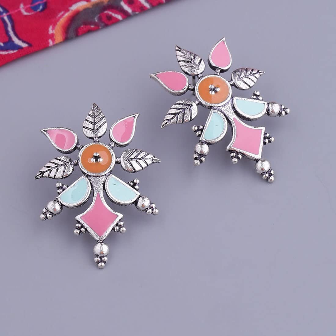 Brass Oxidised Plated Enamel Floral Dangle Earrings