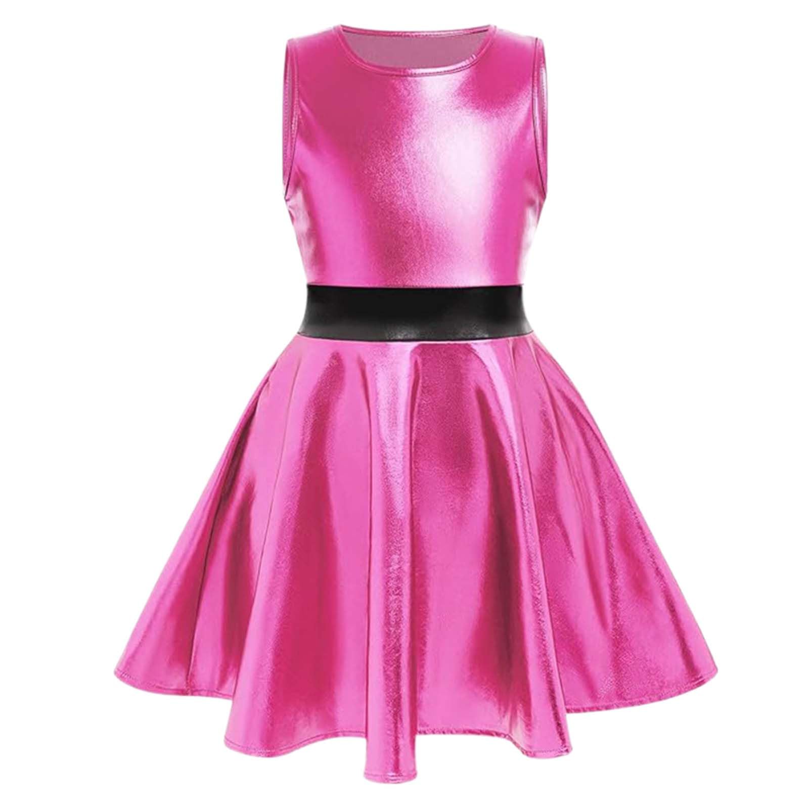 2026 Fancy Dress Costumes Girls Sleeveless for Toddler Dance Performance Shiny Metallic Flare Party (Red, 110)