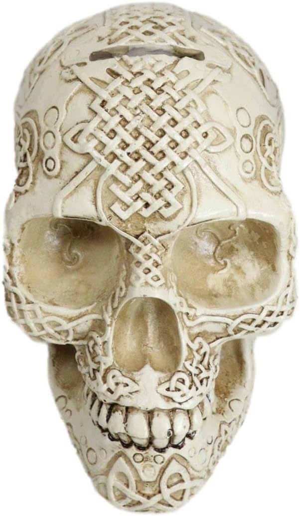 Ebros Bone Hand Painted Color Tooled Celtic Lion Knotwork Tribal Tattoo Skull Money Bank Figurine Ossuary Macabre Labyrinth Dark Arts Decor Statue Piggy Banks