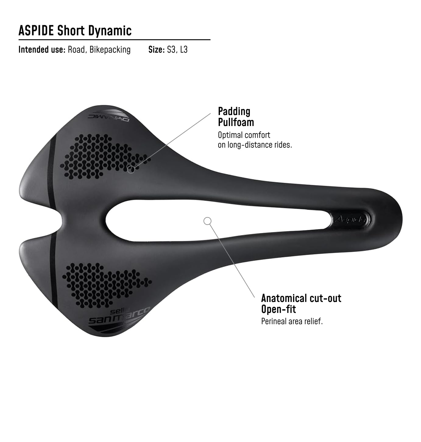 Selle San Marco ASPIDE Short Dynamic – Siodełko Roweru Szosowego, Rama Manganowa, Mikrofibra, Wysoka Wydajność, Anatomiczny Otwór – Rozmiar S3, Czarny