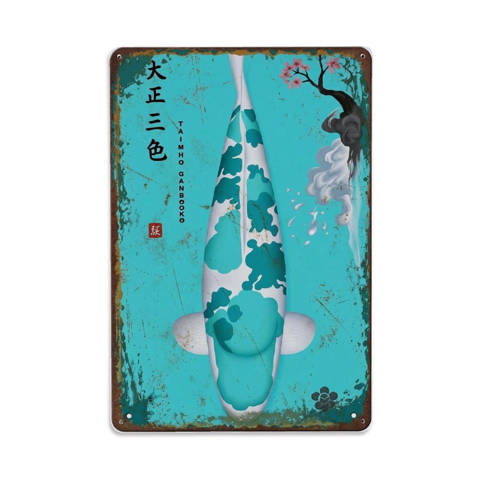 Stream Carp Koi Metal Tin Sign Plaque Wall Decor for Cafe, Club Bar, Office, Home Garden Metal Poster 8x12Inch