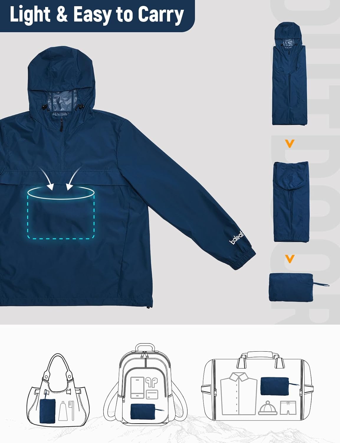 baleaf Men's Rain Jacket Water Resistant Hiking Windbreaker Packable Running Golf Gear Hood Raincoat Reflective - Image 5