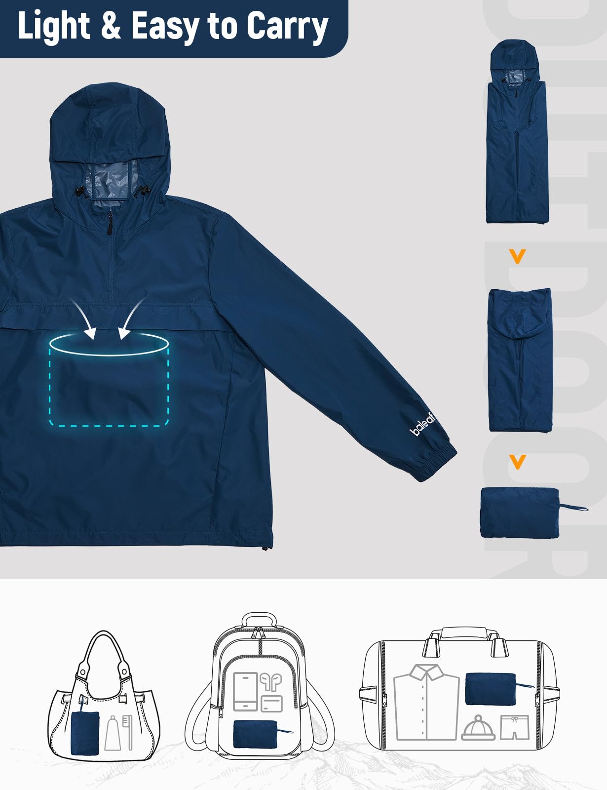 baleaf Chubasquero para hombre, cortavientos, impermeable, chaqueta de ciclismo con capucha, plegable, ligera, cortavientos, transpirable, para senderismo, ciclismo