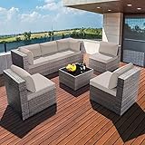 Grezone Patio Furniture Set 7 Piece Outdoor Wicker Sectional Sofa - All Weather High Backrest PE Rattan Couch Conversation Set with Cushion & Glass Top Table for Backyard Deck Porch, (Beige)