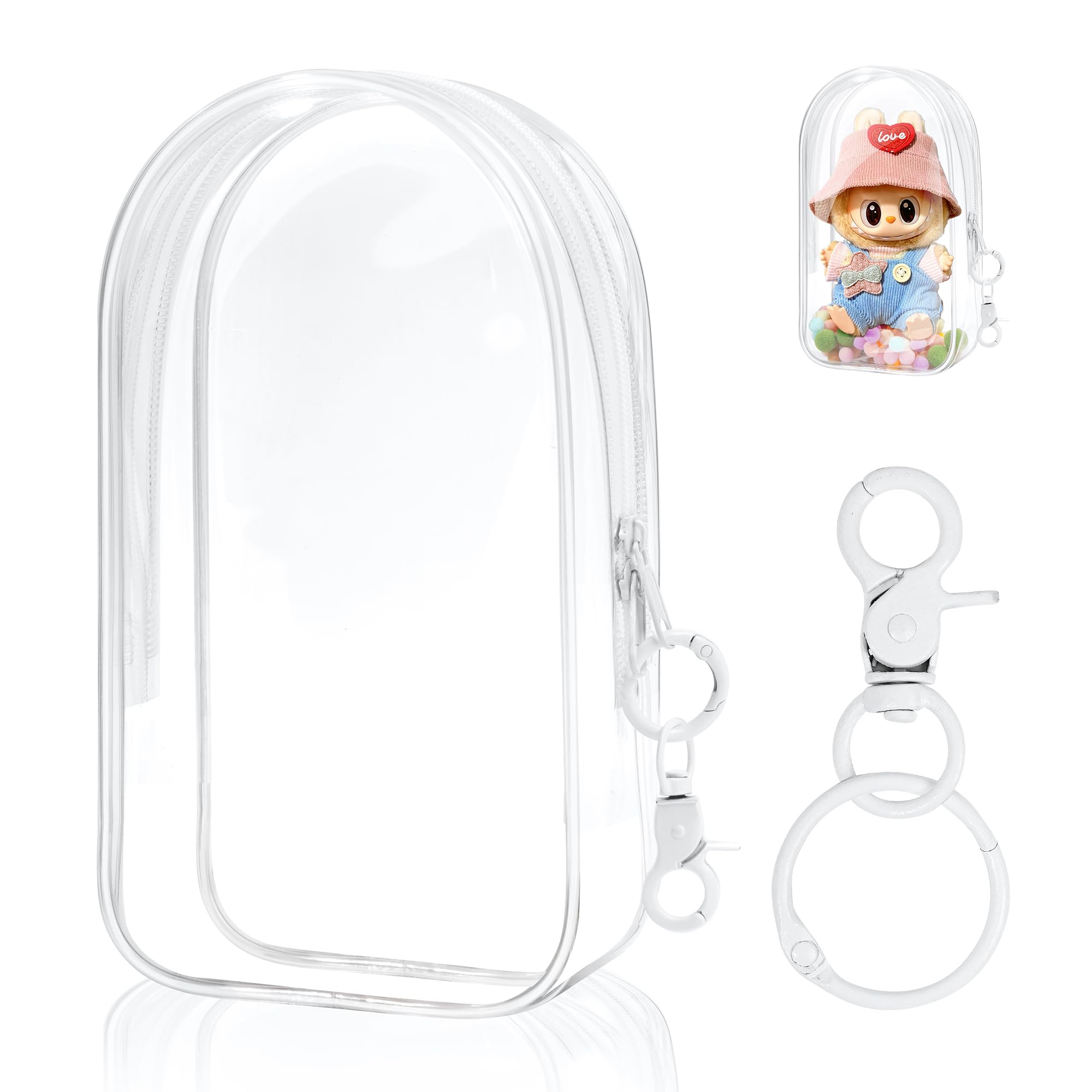 GGBOVVO Clear Figure Display Bag with Keychain for Doll, Positive Doll Storage Bag, Pouch Keychain Charms for Collectibles (with Zipper- Waterproof) Building Block Storage Bag,8.2 * 4.6 inch