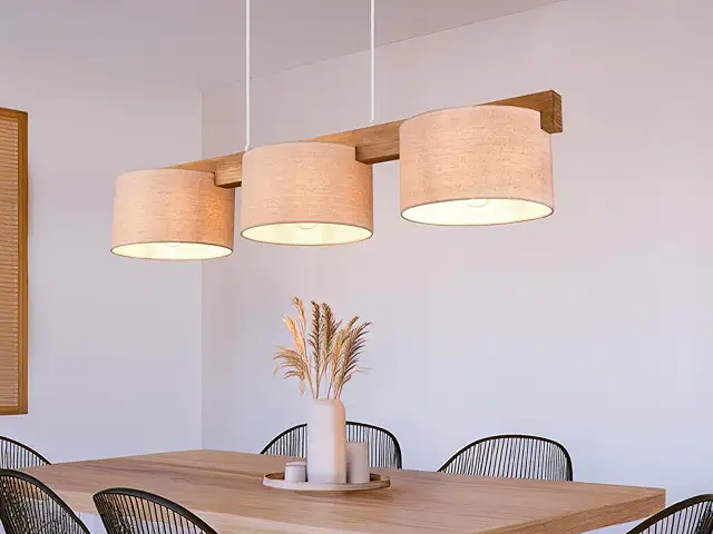 Holzbalken Pendelleuchte 3-flammig Beige - Esstisch Lampe mit Stoffschirmen