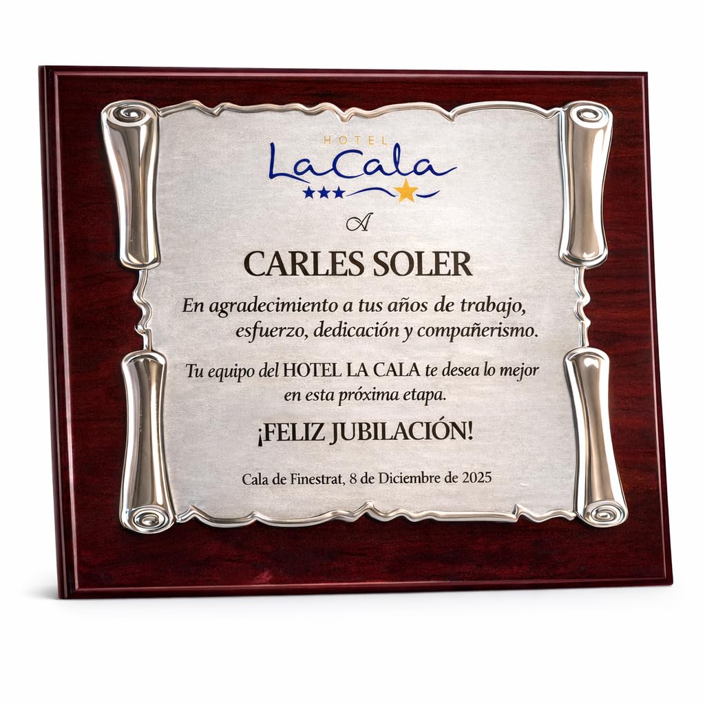 Placa Conmemorativa Personalizada con Foto o Logotipo – Grabado Láser a Medida – Placa Homenaje para Jubilación, Empresa o Agradecimiento – Incluye madera y Estuche (actual)