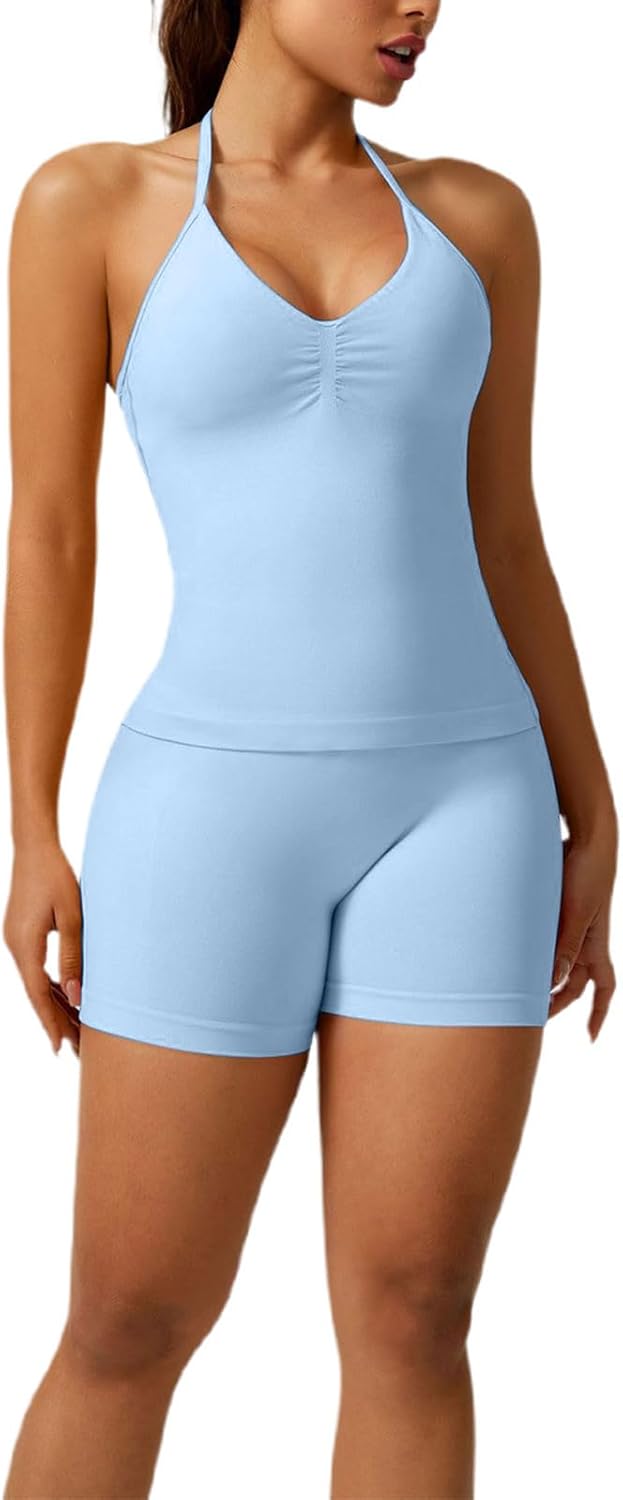Womens Seamless Workout Sets 2 Piece Strappy Halter Sports Bra Scrunch Butt Shorts Gym Yoga Solid Bodycon Outfits