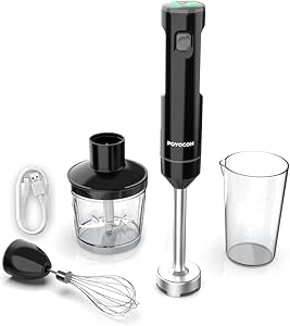 Cordless Hand Blender, Rechargeable Immersion Blender with Type-C Cord, 500ml Chopper, 600ml Container, Egg Whisk for Smoothies, Purees and Soups – Black