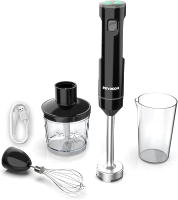 Frullatore a immersione senza fili, POYOCOM minipimer portatile ricaricabile, con cavo Type-C, frusta, tritatutto da 500 ml, recipiente da 600 ml per frullati, salse, pappe e zuppe – Nero