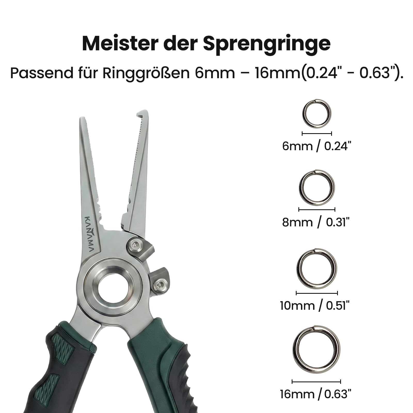 KANAMA Angelzange aus 17-4 Edelstahl, 19 cm Rostfreie Salzwasser Angelzange mit Sprengringöffner, Hakenlöser und Wolframkarbid Schnurschneider für Geflochtene Schnüre, Angler Geschenke für Männer
