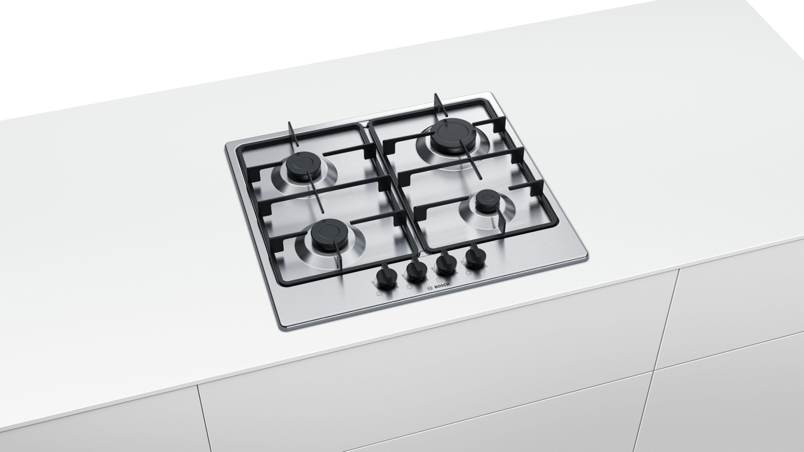 Bosch Serie PGP6B5B60, Piano cottura a gas, Manopole a ponticello: controllo ergonomico, 4 fuochi, Acciaio, Versione Esclusiva Amazon, 60 cm