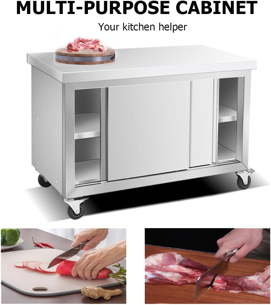 Stainless Steel Work Table with Sliding Doors, Commercial Worktable W/Cabinet,Heavy Duty Metal Kitchen Prep Table,Multifunctional Utility Prep Table for Kitchen,80cm