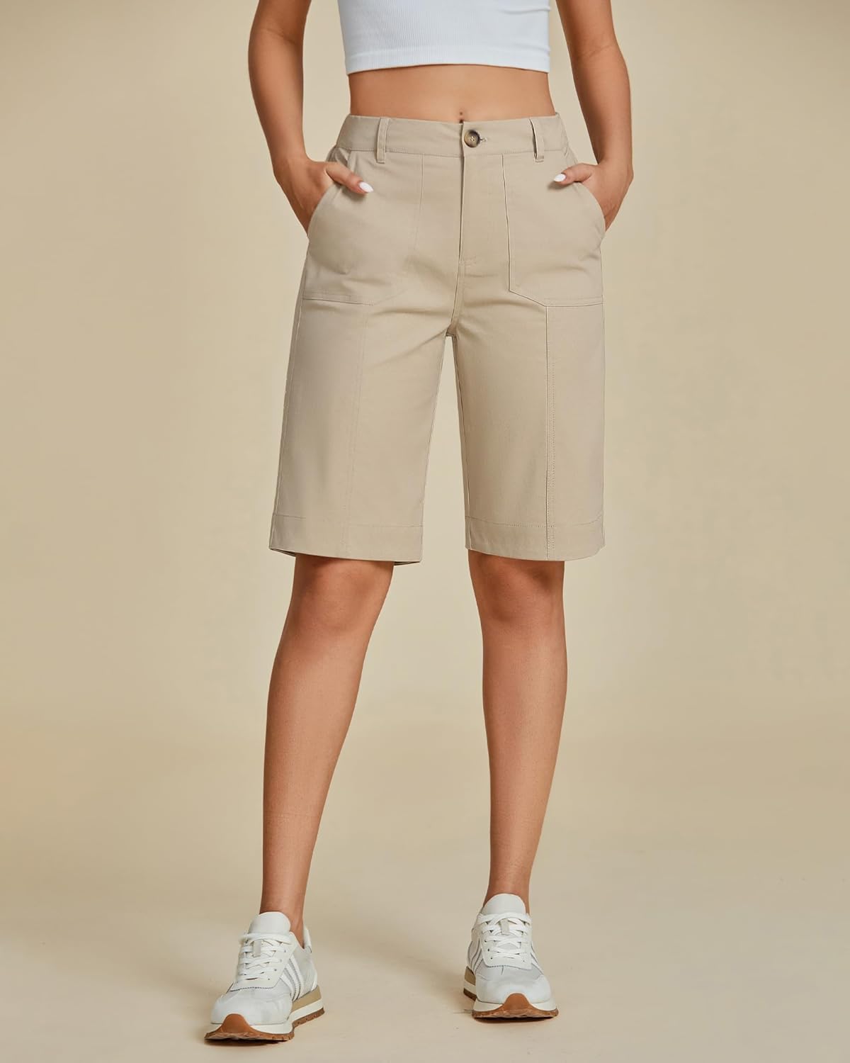 luvamia Bermuda Shorts for Women Knee Length High Waisted Cotton Elastic Waist Summer Dressy Casual Long Chino Shorts - Image 2