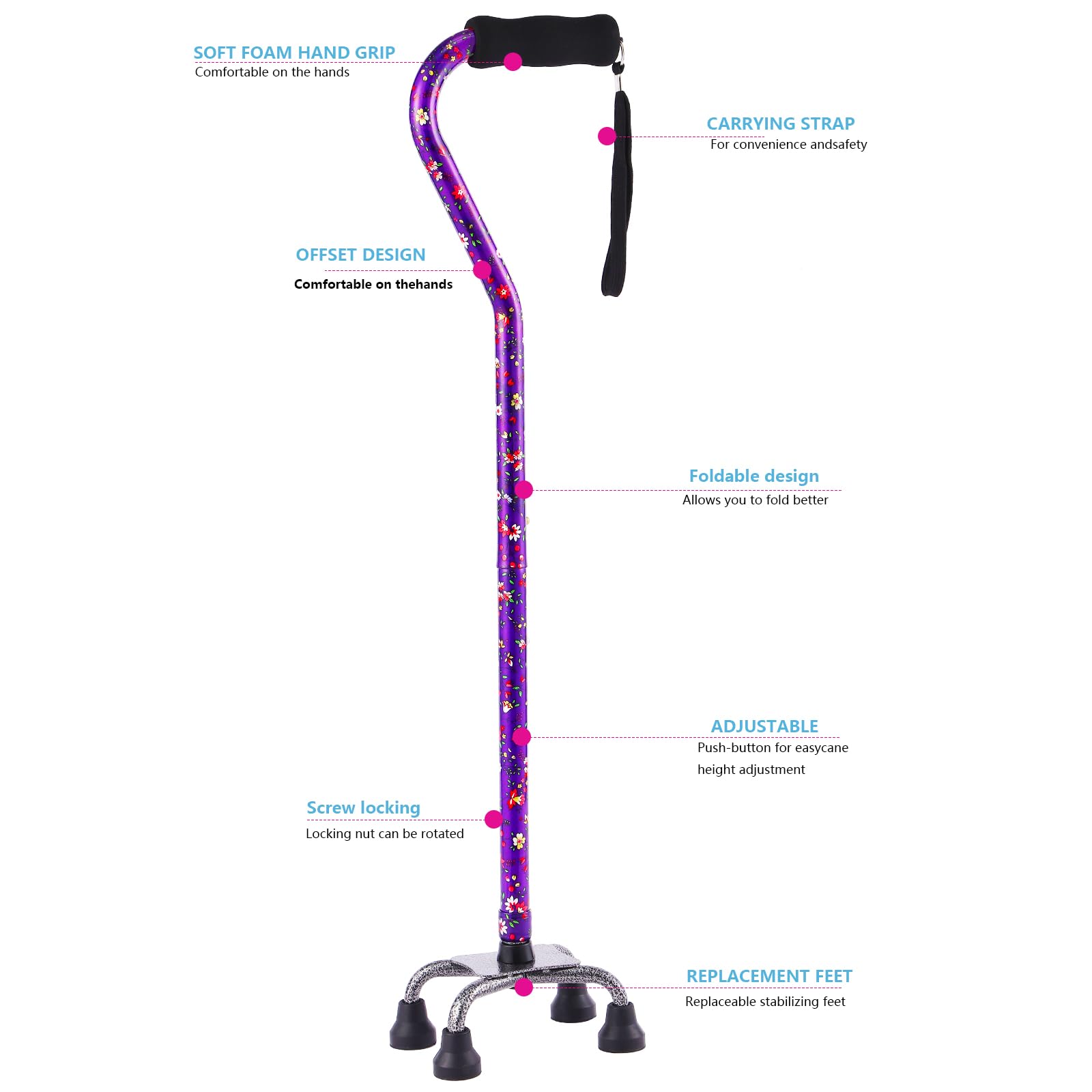 Floral Quad Cane for Women, Adjustable Walking Canes with 3-in-1 Interchangeable Base(3 Tips) for Versatile Support, Stylish & Stable Mobility Aid for Seniors Confidence