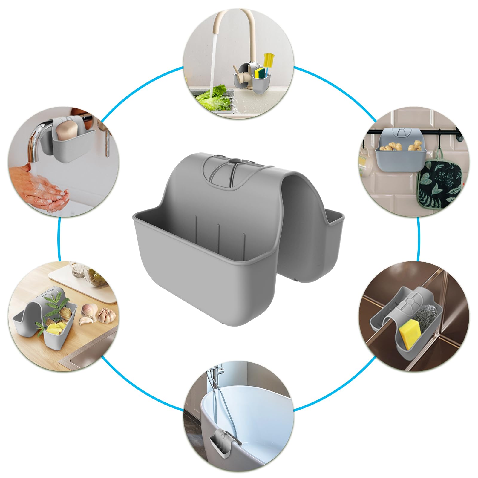 Porte-éponge pour évier de cuisine, support de selle d'évier en silicone, support d'éponge sur robinet, organiseur de cuisine à suspendre – Gris