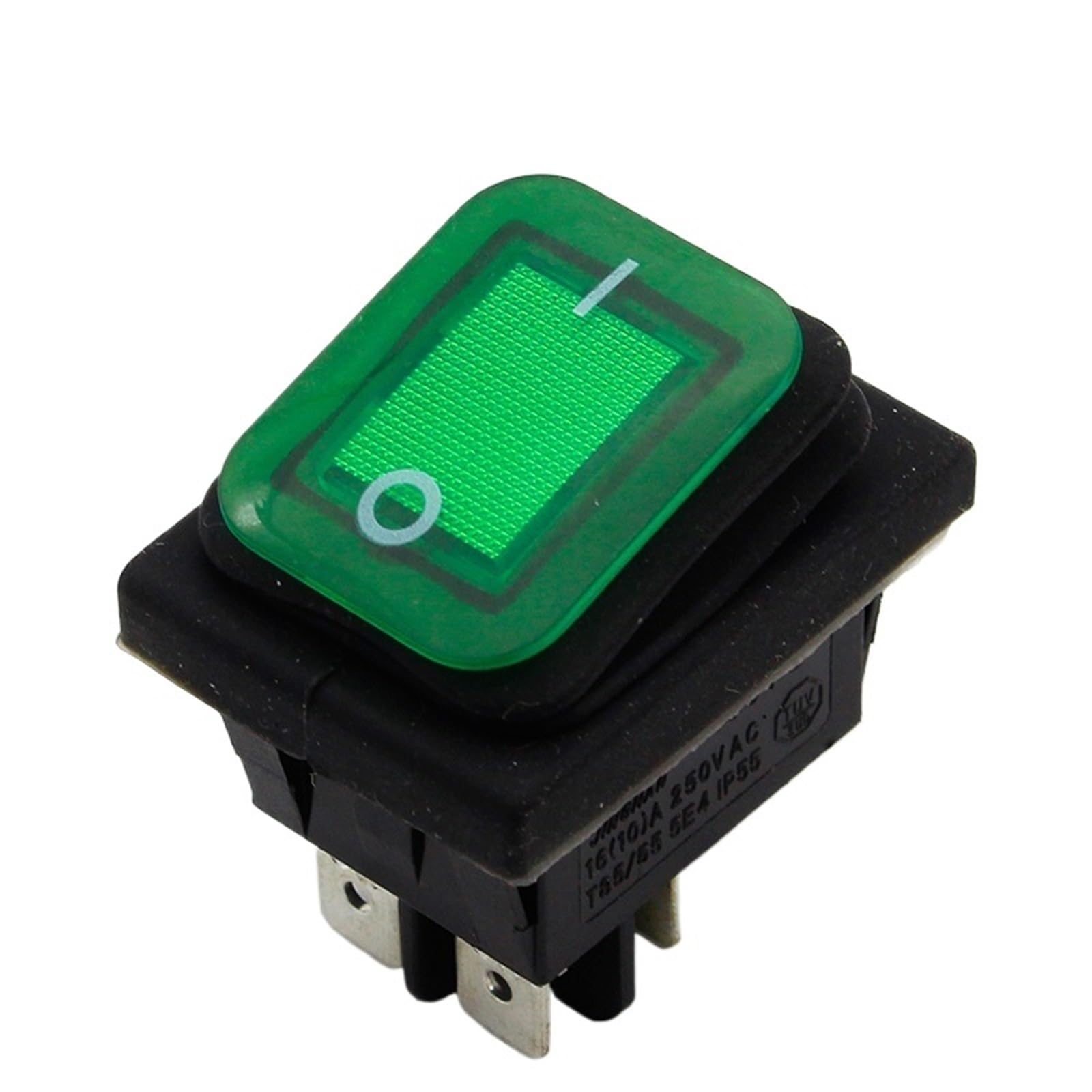 Zielony przełącznik kołyskowy IP55, 4 piny, 2 pozycje, AC 250 V/16 A, podświetlany LED, 1 szt