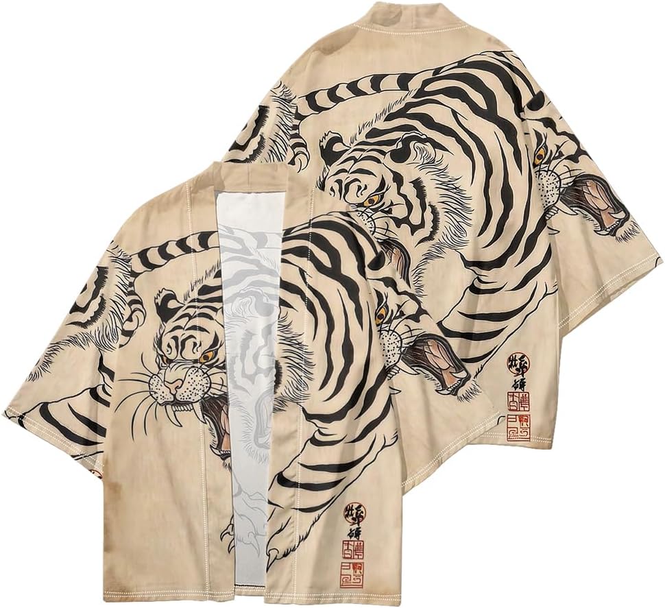 DOSLAVIDA Men's Japanese Kimono Jacket Set Stylish Open Front Coat With Shorts Chinese Style Printed Cardigan Suit