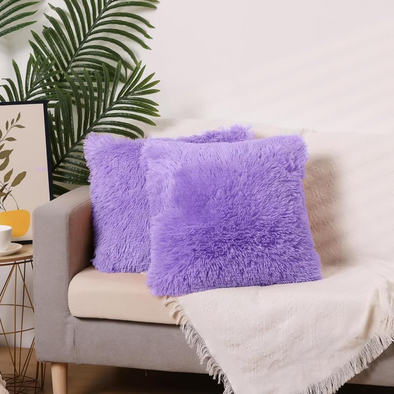Image of RVA Faux Fur Throw Pillow Cover Pillowcase Decorative Throw Pillows Covers, No Pillow Insert for Sofa Bedroom Home Cushion Couch with Zipper Closure (Purple, 12x12 Inch) (Set of 2)