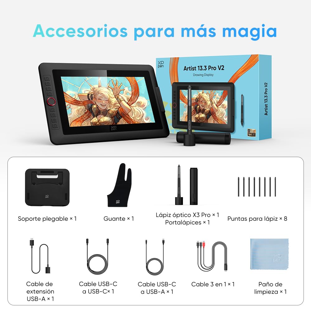 XP-Pen Artist 13.3 Pro V2 - Tableta gráfica con Pantalla con Lápiz Capacitivo (16384 Niveles), Diseño con Pantalla de 13,3 Pulgadas + 8 Teclas de Acceso Directo