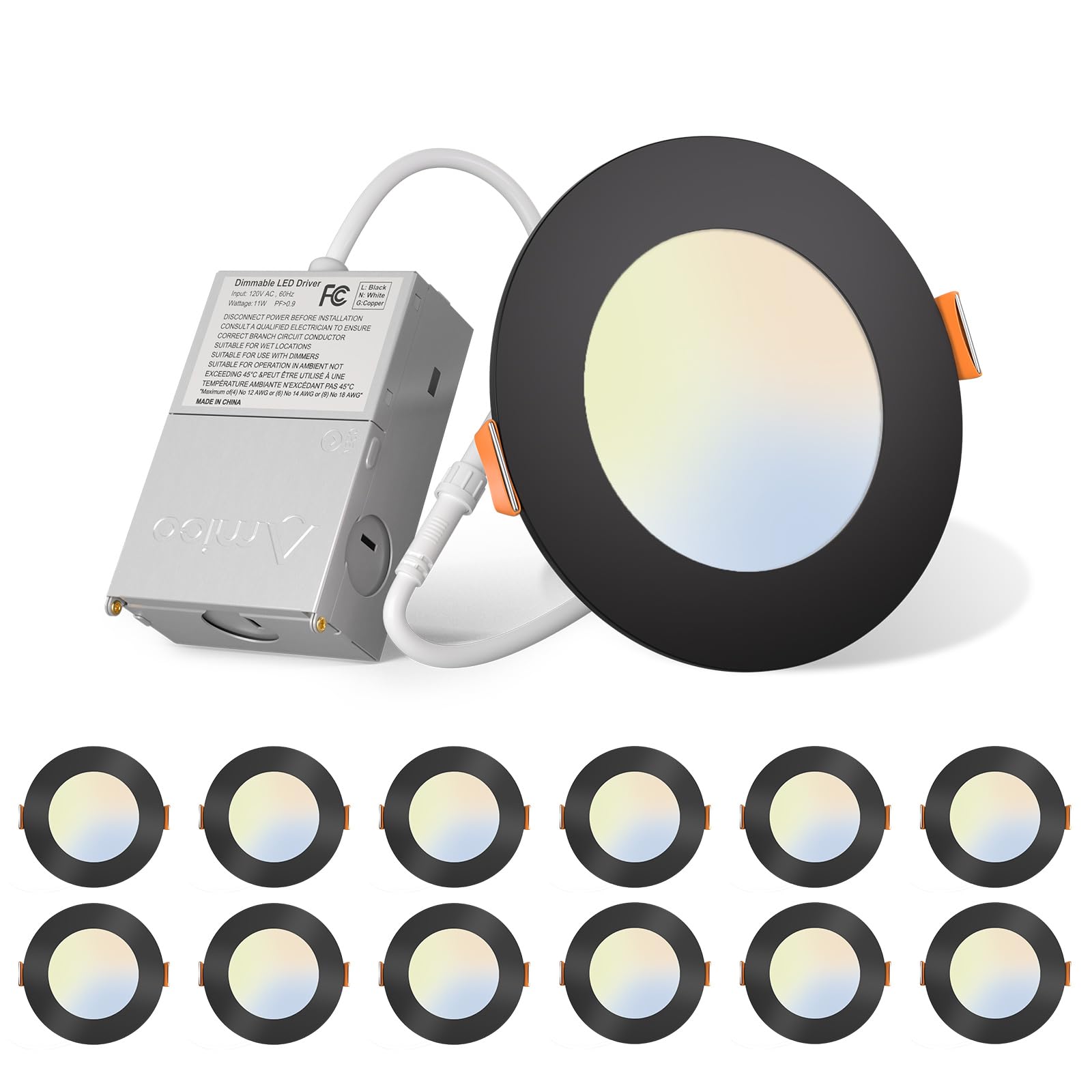 Amico 12 Pack 4 Inch 5CCT LED Recessed Slim Pot Light with Junction Box, 2700K/3000K/3500K/4000K/5000K Selectable, 11W Eqv 70W 800LM, Dimmable IC-Rated Ceiling Lighting, ETL&FCC, Black