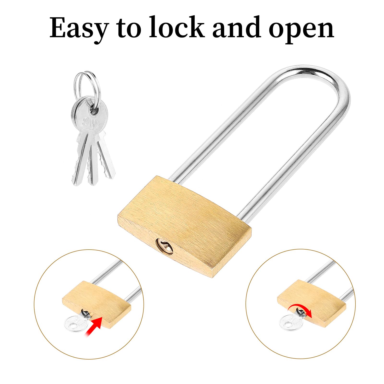 Candado resistente a la intemperie para exteriores, candado de latón macizo con 3 llaves iguales, grillete largo de acero inoxidable de 3 pulgadas, impermeable, a prueba de óxido, cerraduras largas