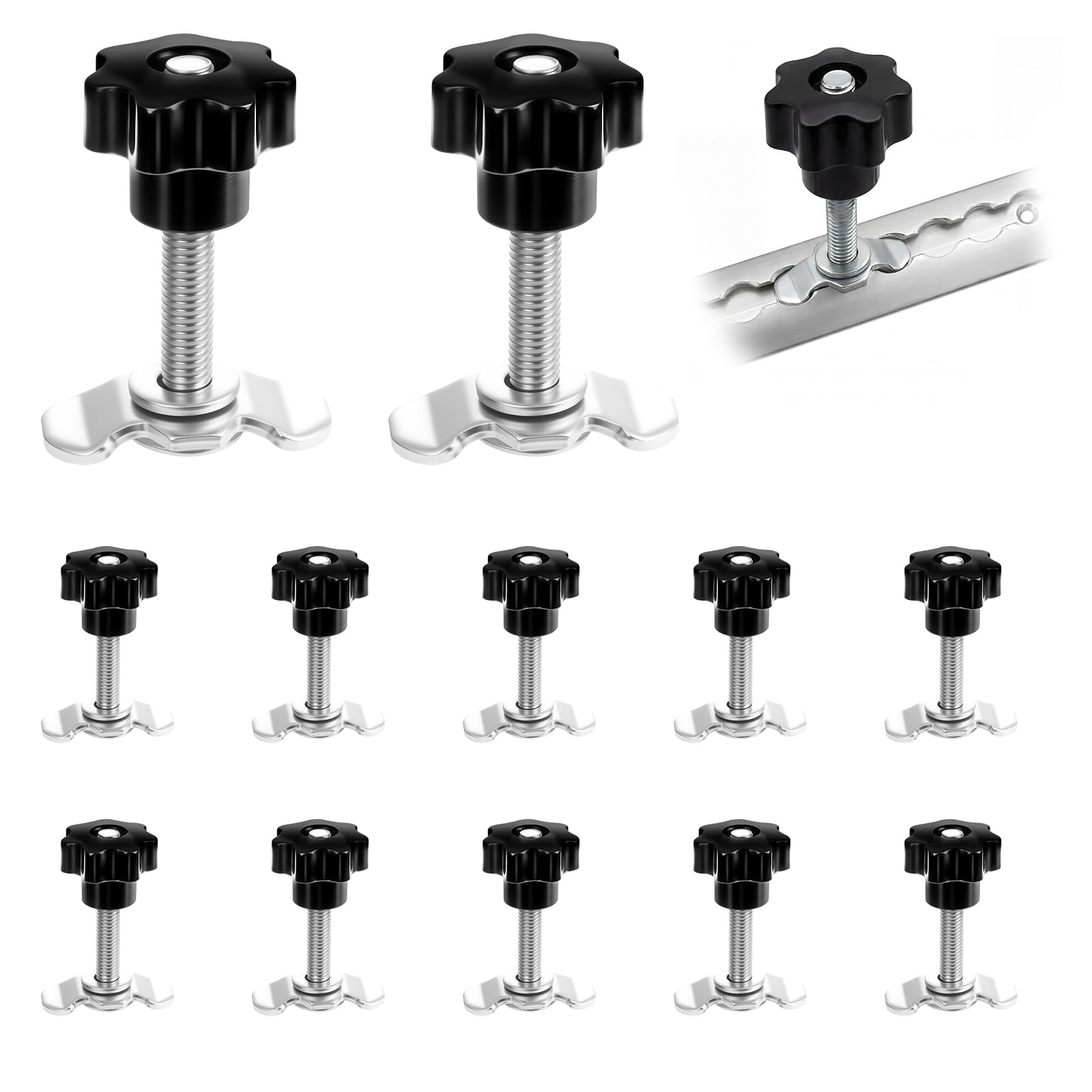 Lot de 12 raccords à vis simples pour rail d'arrimage - M8 x 60 - Avec poignée en étoile - Pour rail d'arrimage - 500 daN - Galvanisé