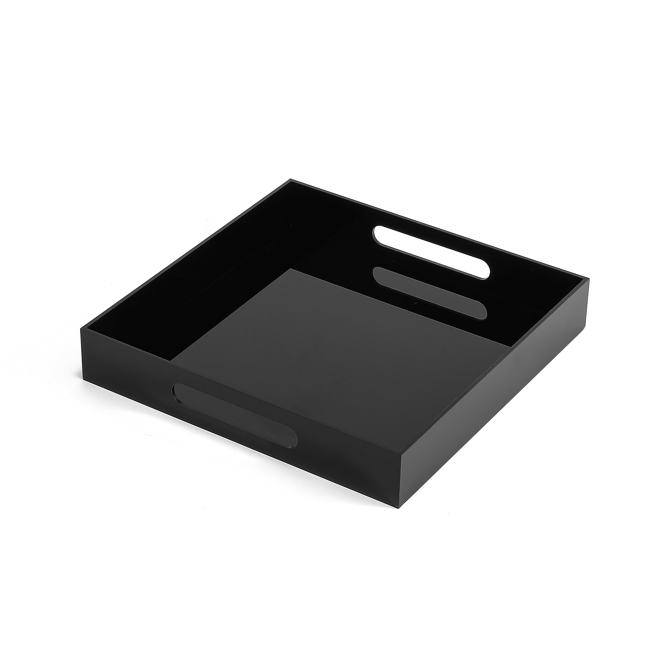 BEYLANG Glossy Black Sturdy Acrylic Serving Tray with Handles-12x12 Inch-Serving Coffee,Appetizer,Breakfast,Butler-Kitchen Countertop Tray-Makeup Drawer Organizer-Vanity Table,Ottoman Tray-Decorative