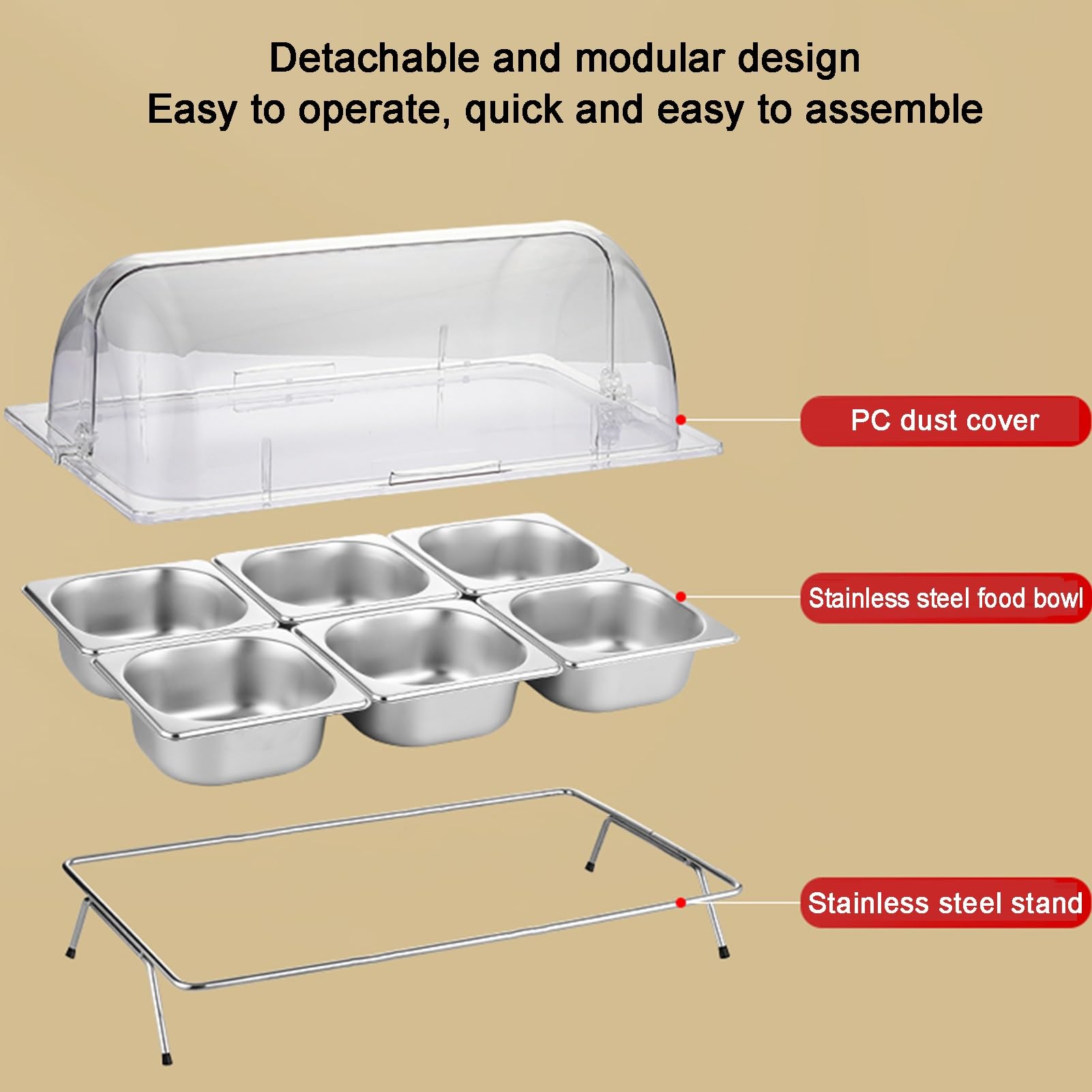 Bandeja expositora de alimentos de acero inoxidable con tapa enrollable transparente, dispensador de condimentos de buffet, bandeja para servir ensaladas (15 cm, 1 compartimento), perfecta para