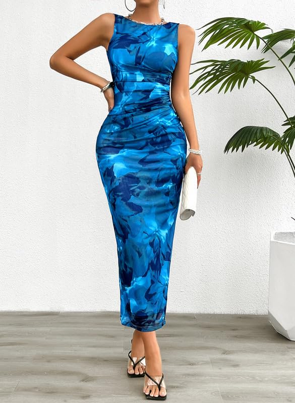 Vestido Mujer Sexy sin Mangas Cuello Redondo Tie Dye Vestidos Largo Ajustado Elegante Maxi Vestido de Fiesta Verano Bodycon Wrap Vestidos Fruncido para Cóctel Casual Noche Clubwear