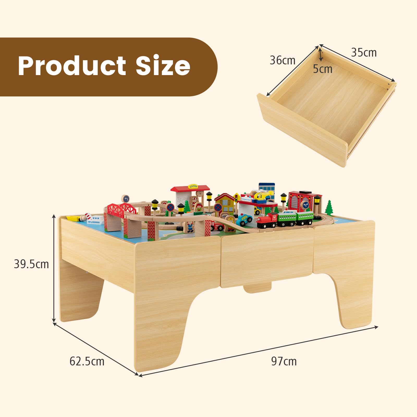 FANTASK 84-teiliges Spieltisch Holz, Kinder Eisenbahn Set mit umkehrbarer & abnembarer Tischplatte und Schublade, Aktivitätstisch zum Spielen, Malen, Lesen, Essen, Spielzeug für Kinder ab 3 Jahren