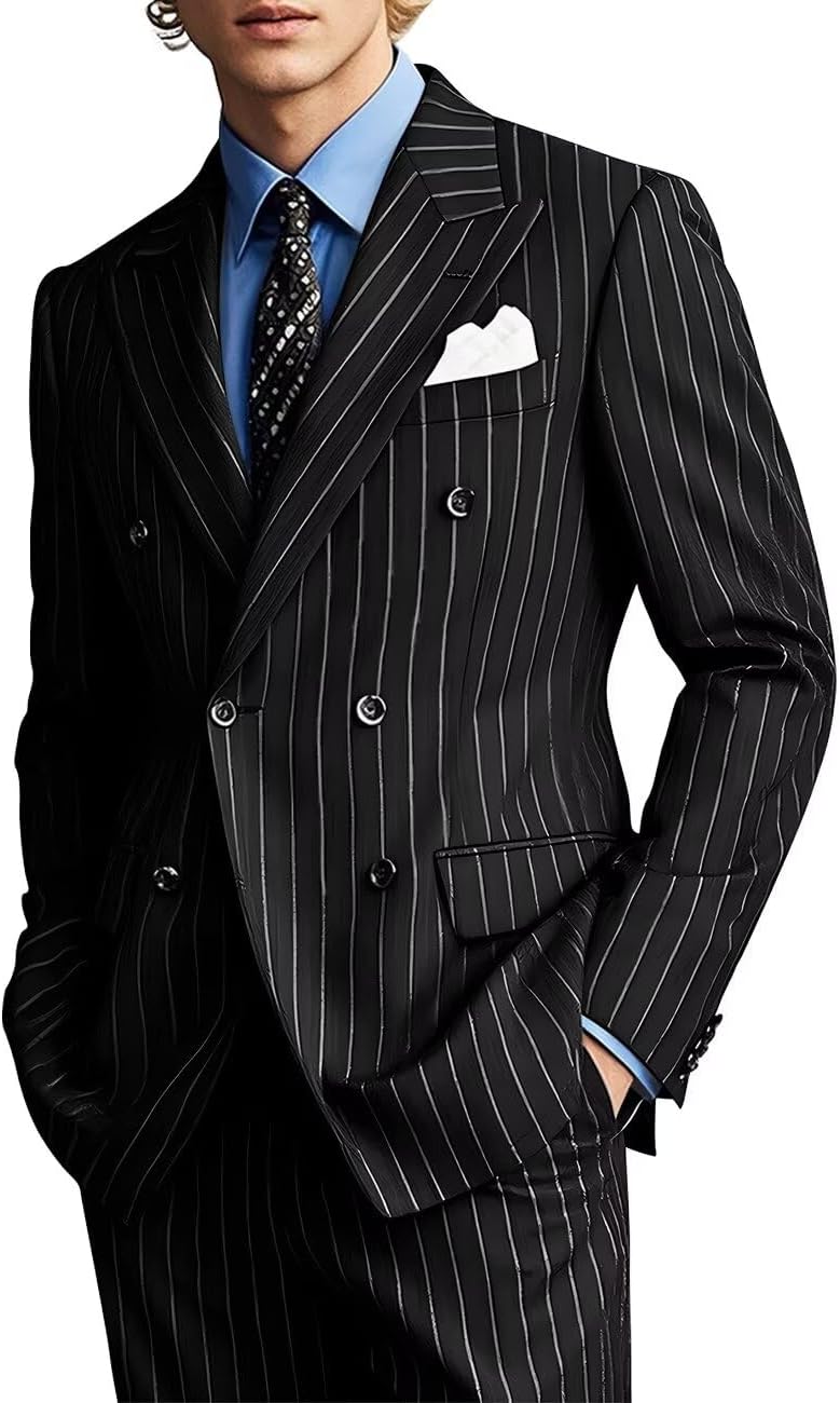EMERAIDVLN Mens 2 Piece Suits Pinstripe Double Breasted Gomez Addams Costume Halloween Party Prom Stripe Blazer and Pants Set