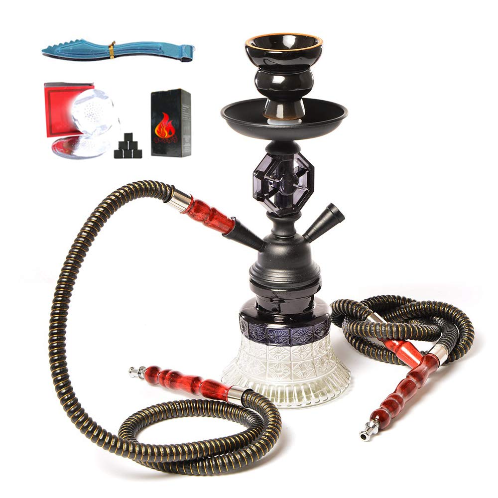 Hookah Set 2-Hose Pipe con Un Tazón de Cerámica, Clip de Carbono, Lámina de Aislamiento Térmico para Better Shisha Hookah Smoking Deluxe Shisha,Negro