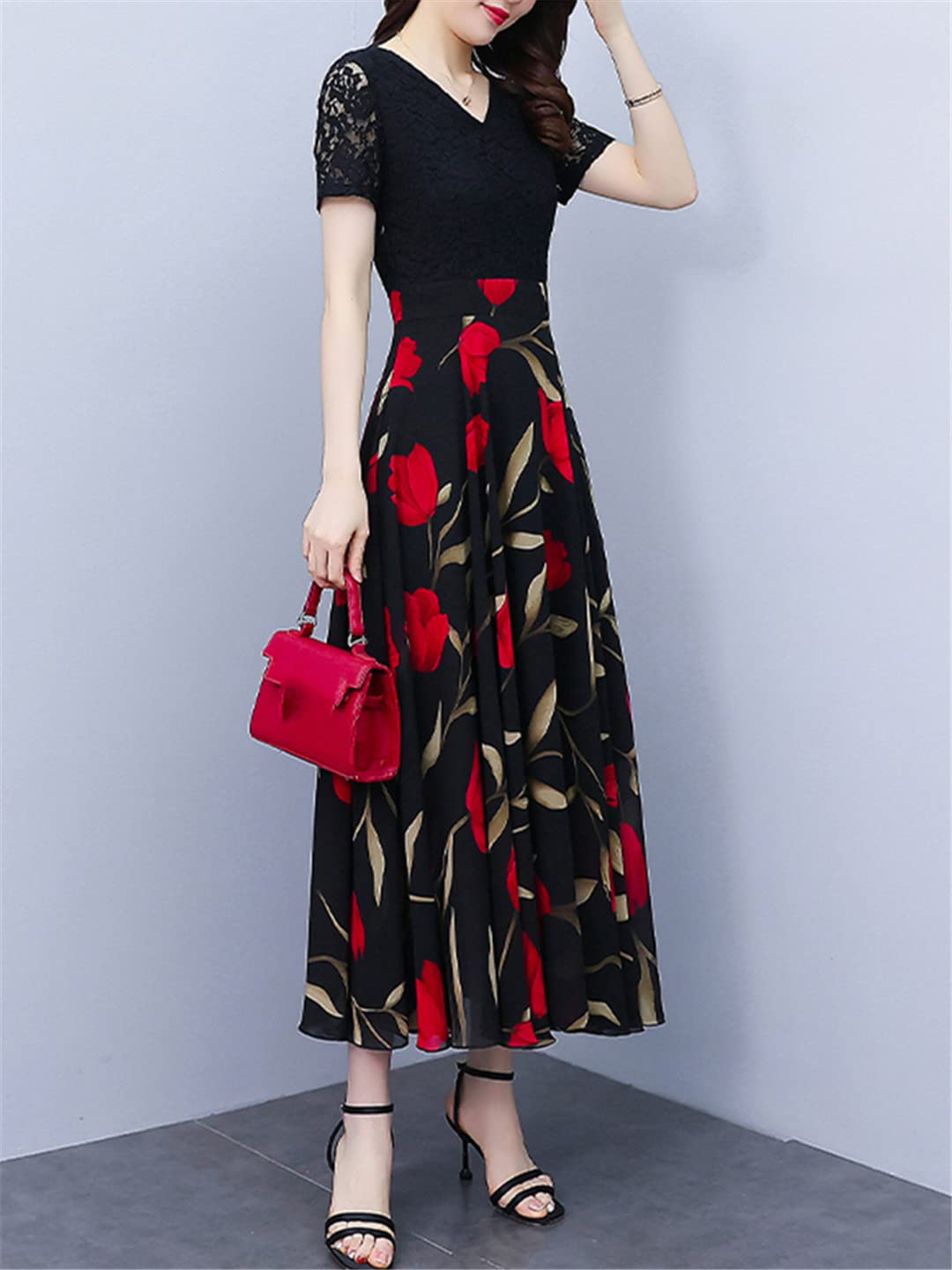 Abito estivo midi da donna, in chiffon, in pizzo, floreale, elegante, lungo, alla moda, per ufficio e feste formali