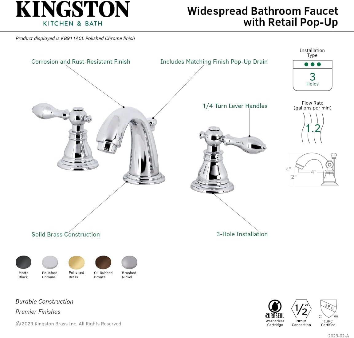 Kingston Brass KB918ACL American Classic Widespread Bathroom Faucet with Retail Pop-Up, Brushed Nickel