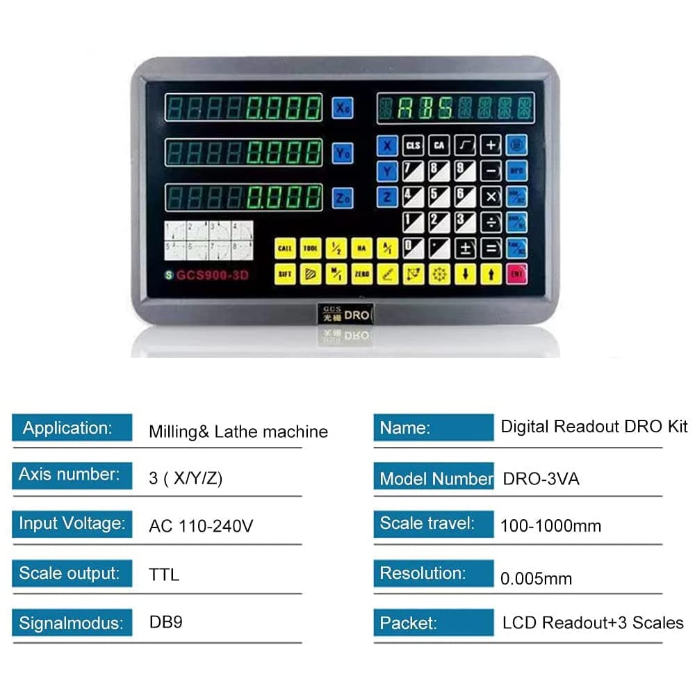 Lectura digital de 3 ejes Set, pantalla DRO Lectura digital, escala lineal de 0-1000 mm, función múltiple para torno, alta frecuencia de escaneo, para fresadora, amoladora, etc. 110-240 V