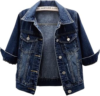 Womens Short Denim Jacket Round Neck Denim Three Quarter Sleeves Light Blue Jacket