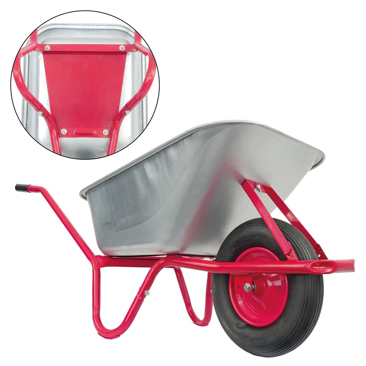 Matrix Schubkarre Profi 100l Liter 250 kg mit zusätzlichem Bodenblech pannensicheres PU-Rad Schubkarren groß Garten Scheibtruhe Bauschubkarre | Mulde verzinkt | Metall Felge mit Kugellager | Farbe rot