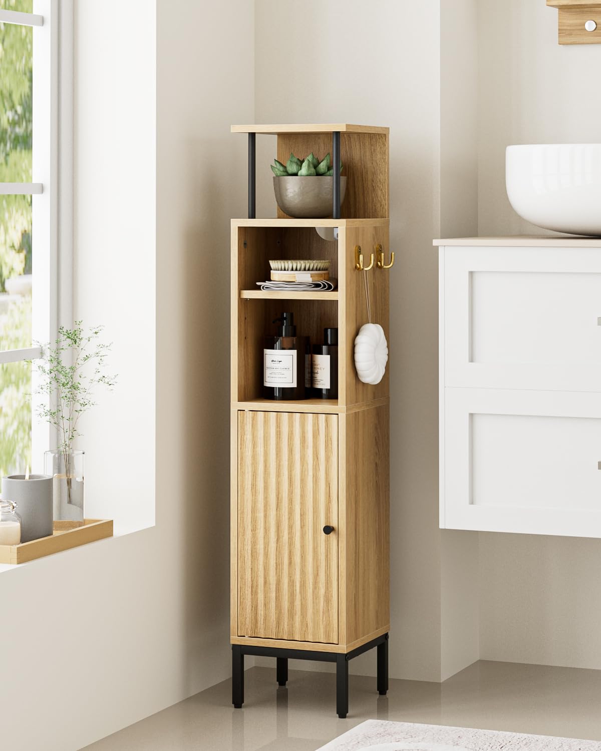 HEYZOEY hoher Badezimmerschrank, freistehender Bodenschrank, hoher Aufbewahrungsschrank mit Tür, schlanker Badezimmerspeicher für Badezimmer, Küche, Wohnzimmer, Schlafzimmer, Balkon oder Büro, Eiche