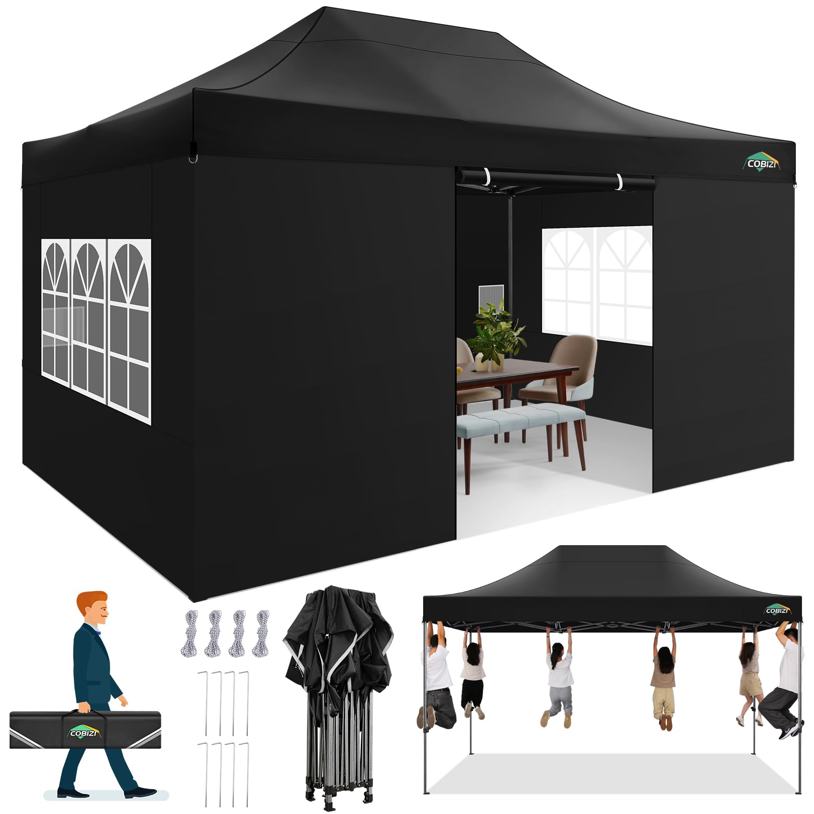 COBIZI Pavillon 3x4,5 Wasserdicht Stabil Winterfest mit Seitenwänden | Pop Up Faltpavillon, Gartenpavillon mit Tragetasche, Partyzelt für Outdoor, Verstärkter Rahmen, Einfache Montage, Schwarz