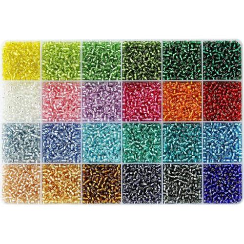 VOOMOLOVE Lot de 7200 perles de rocaille en verre 8/0, 24 couleurs, 3 mm, avec boîte de rangement en plastique à 24 compartiments pour la fabrication de bijoux