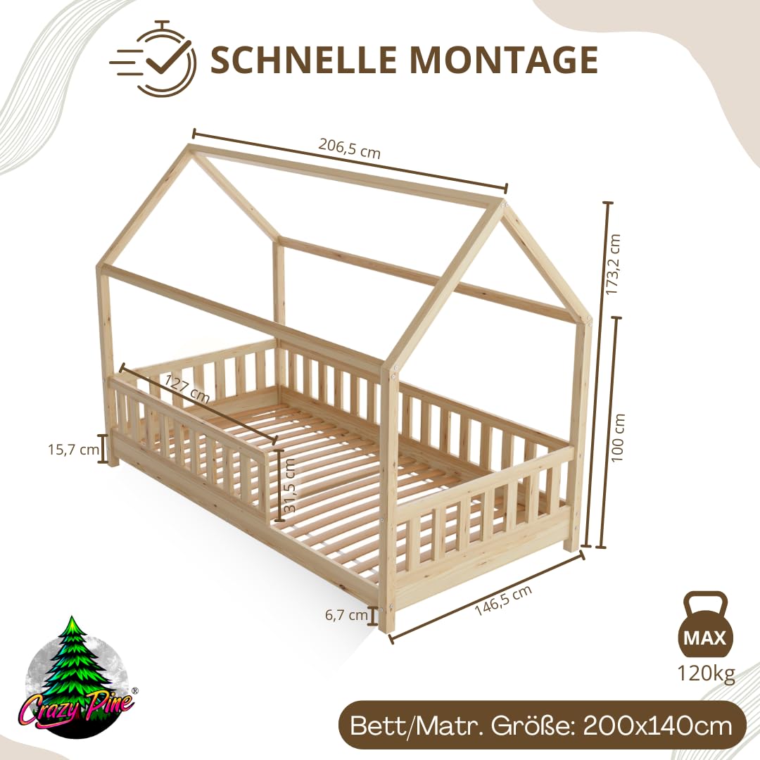 Hausbett 140x200 cm – Kinderbett aus Naturholz mit Rausfallschutz – Skandinavisches Design, Montessori Bodenbett mit Höhenverstellbaren Beinen - Crazy Blanco