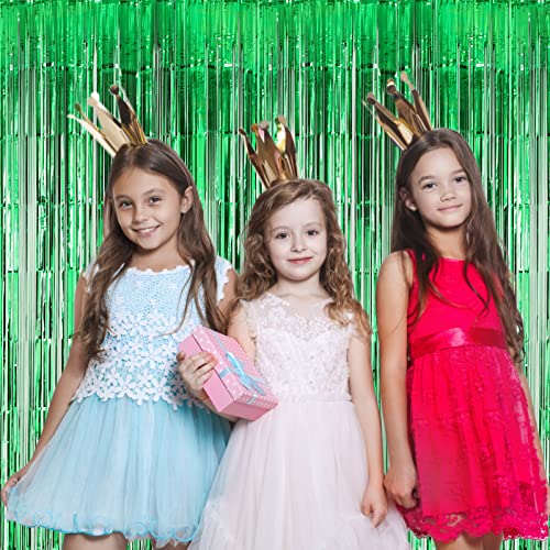 Image of Voircoloria 2 Pack Green Foil Fringe Backdrop Curtains, Tinsel Streamers Birthday Party Decorations, Fringe Backdrop for Graduation, Dinosaur Theme, Green Party