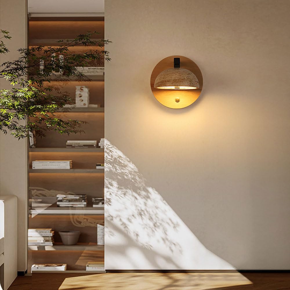 Applique Murale de Style Industriel Moderne, Applique en travertin Jaune avec Base Bois, à Connexion Fil Dur, luminaires décoratifs d'entrée Salon Chevet