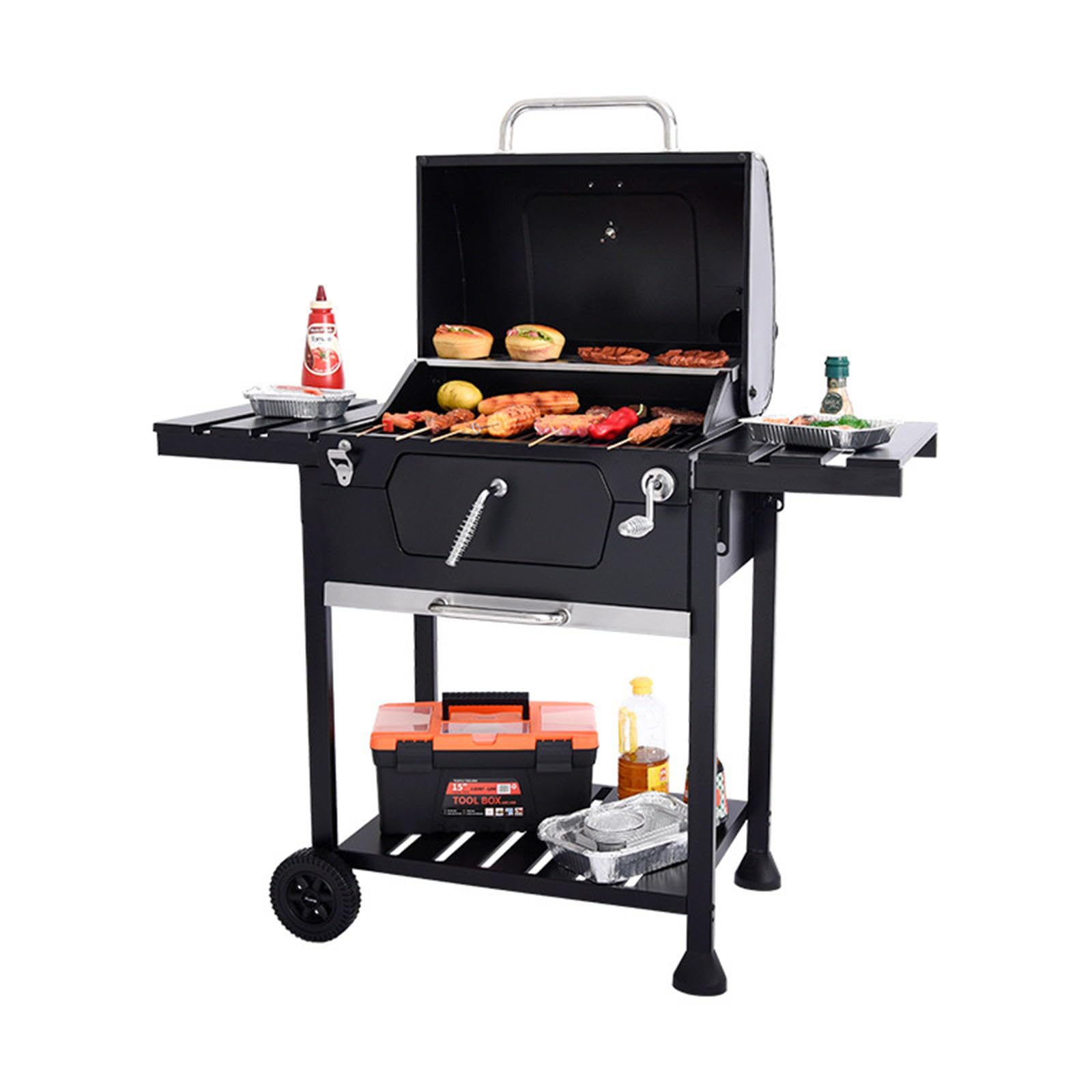 Parrilla Para Exteriores, Carrito Grande Para Barbacoa de Carbón, Parrilla Ahumadora Para Jardín y Patio Trasero con Soporte, Mesa Auxiliar con Ruedas, Termómetro Incorporado