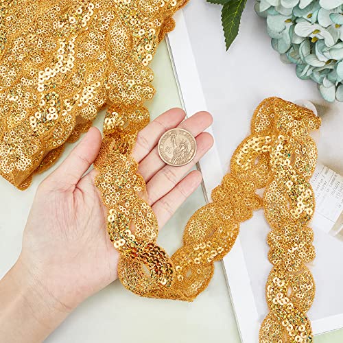 Nbeads 14.7 Yards Sequins Lace Trim Ribbon, 1.57" Wide 8-Shaped Glitter Flower Ribbon Sequin Fabric Beaded Lace Fabric Appliques Sewing For Wedding Dress Hair Band Clothes Decoration, Orange #TOP3